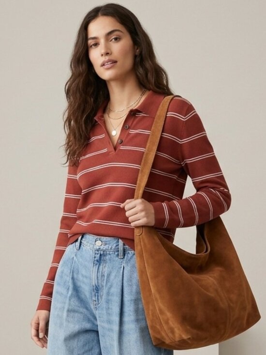 Vince Tops - VINCE Striped Italian Cotton Piqué Polo Sweater Brick Rose Medium NWT $268